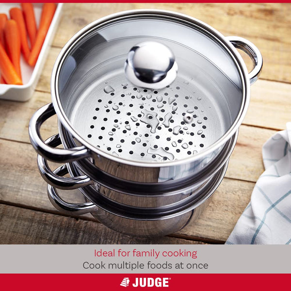 Judge Essential 3-Tier Stainless Steel Steamer - Thermic Based & Vented Glass Lid, Oven-safe Vegetable Steam Cooker with Cool Handles