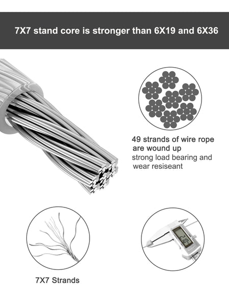 Abimars Wire Rope 2mm, 6m Stainless Steel Garden Wire Rope Cable with Crimping Aluminum, 7x7 Strand Core Metal Cable Wire Rope for Fence, Picture Hanging,Clothes Line