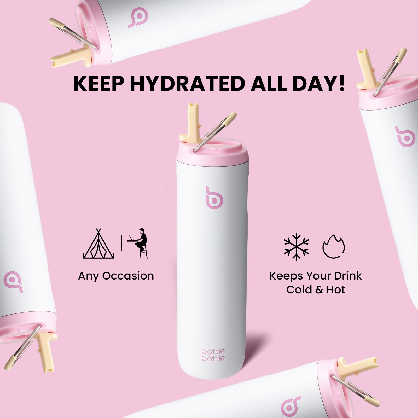 Insulated Water Bottle 700ml(24oz) with Straw, Lid, and Handle - Stainless Steel Sports Travel Gym Bottle for Men and Women (Skiing)