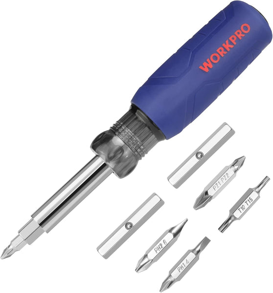 WORKPRO 11 in 1 Multi-bit Screwdriver, Reversible Screwdriver with Phillips/Slotted/Torx/Pozidriv, 4 Interchangeable Multibits and 3 Sockets for DIY, Repair