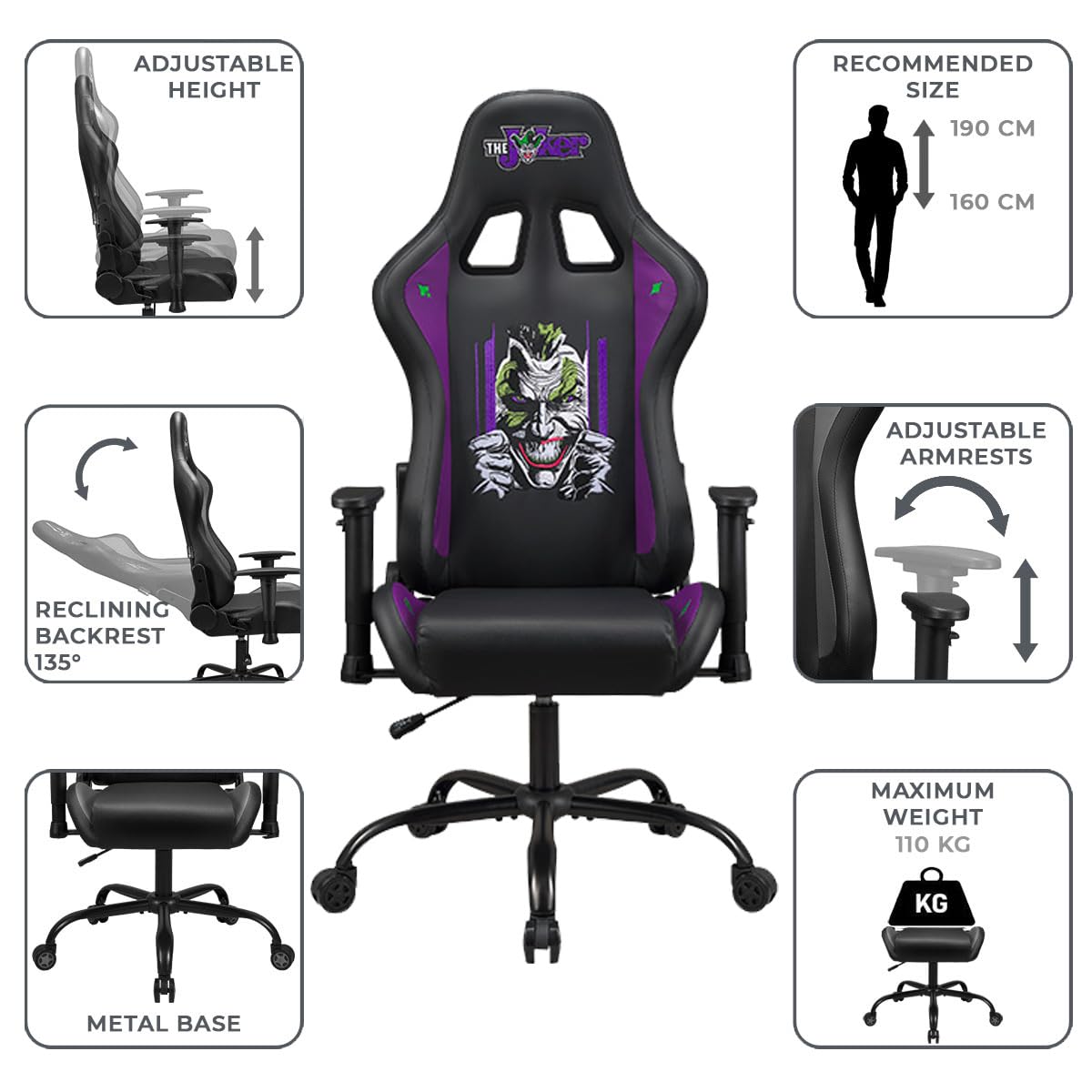 Subsonic Joker - Gaming chair or office chair, adult gamer chair, comfortable seat, integrated headrest, adjustable armrests and height, ergonomic backrest - Black