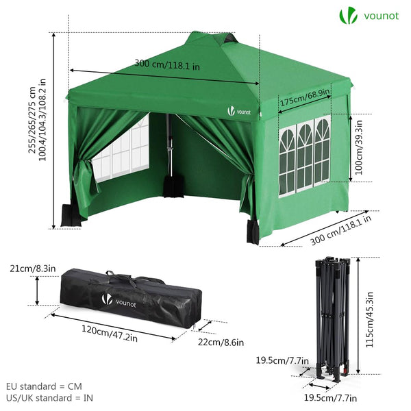 VOUNOT® 3m x 3m Pop Up Heavy Duty Gazebo with Sides, Central Lock System & 4 Weight Bags & Carry Bag, Marquee Garden Party Tent Outdoor, Green