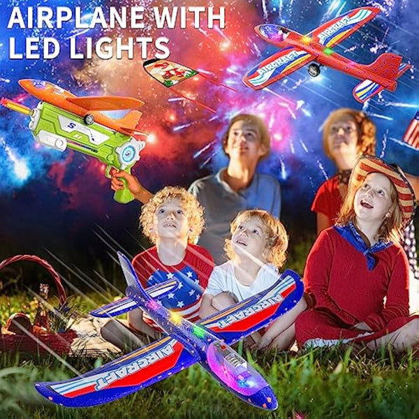 Doloowee 4 IN 1 Airplane Launcher Toys, LED Foam Glider Airplane Catapult, 2 Flight Modes, Outdoor Sports Flying Toys 3-12 Years Old Boys Girls Birthday Gifts