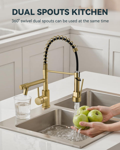 Warmiehomy 5 Modes Kitchen Taps Mixer with Pull Out Spray,High Arc 360° Swivel Dual Spout Pull Down Stainless Steel Kitchen Sink Taps,Brushed Nickel