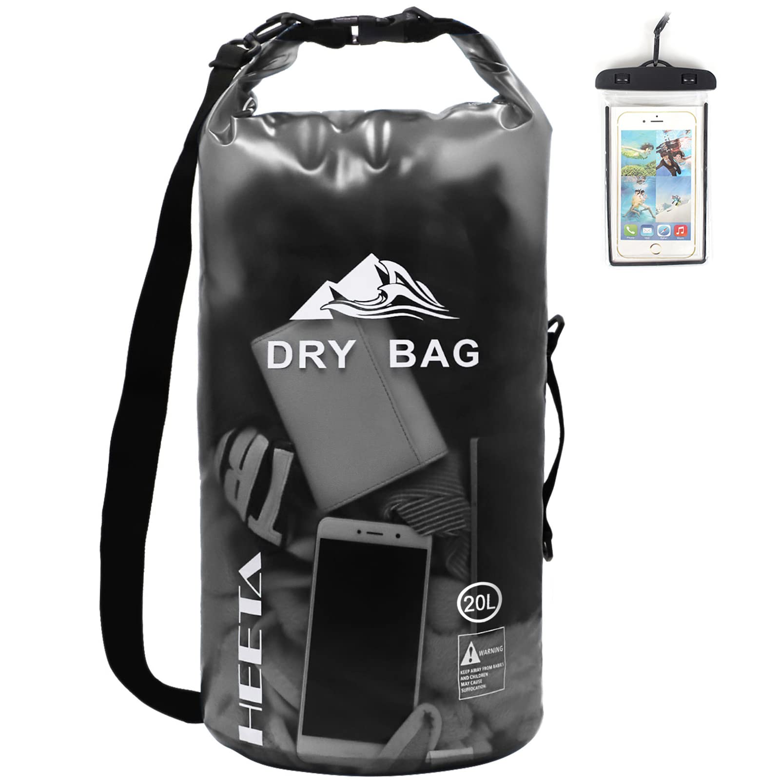 HEETA Waterproof Dry Bag for Women Men, 5L/10L/20L Roll Top Lightweight Dry Storage Bag Backpack with Waterproof Phone Case(IPX7) for Travel, Swimming, Boating, Kayaking, Camping and Beach