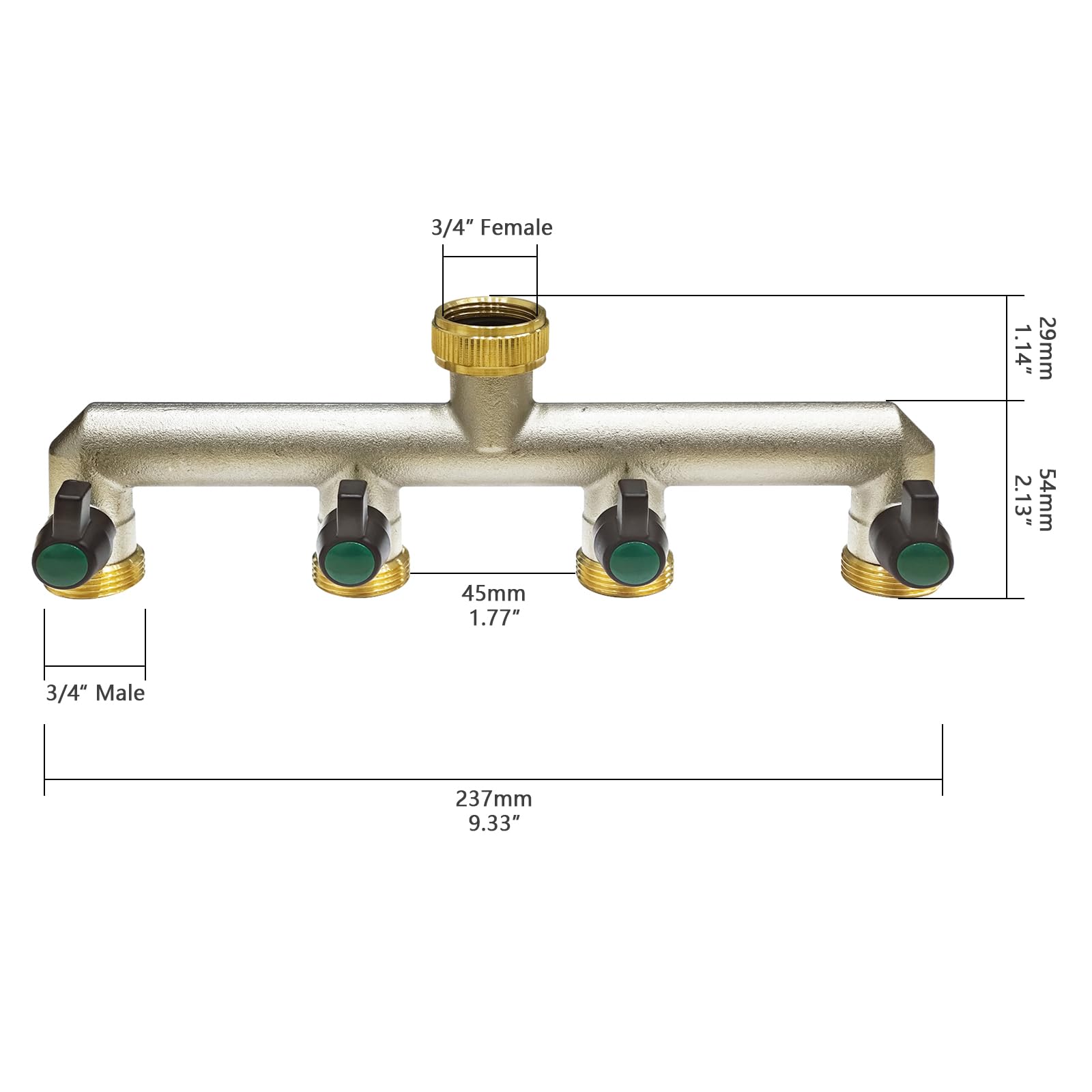 Photener Brass Hose Splitter 4 Way, Garden Hose Tap Splitter Connector, European Standard 3/4" Female to 4-Way Male Thread with 4 Individual Ball