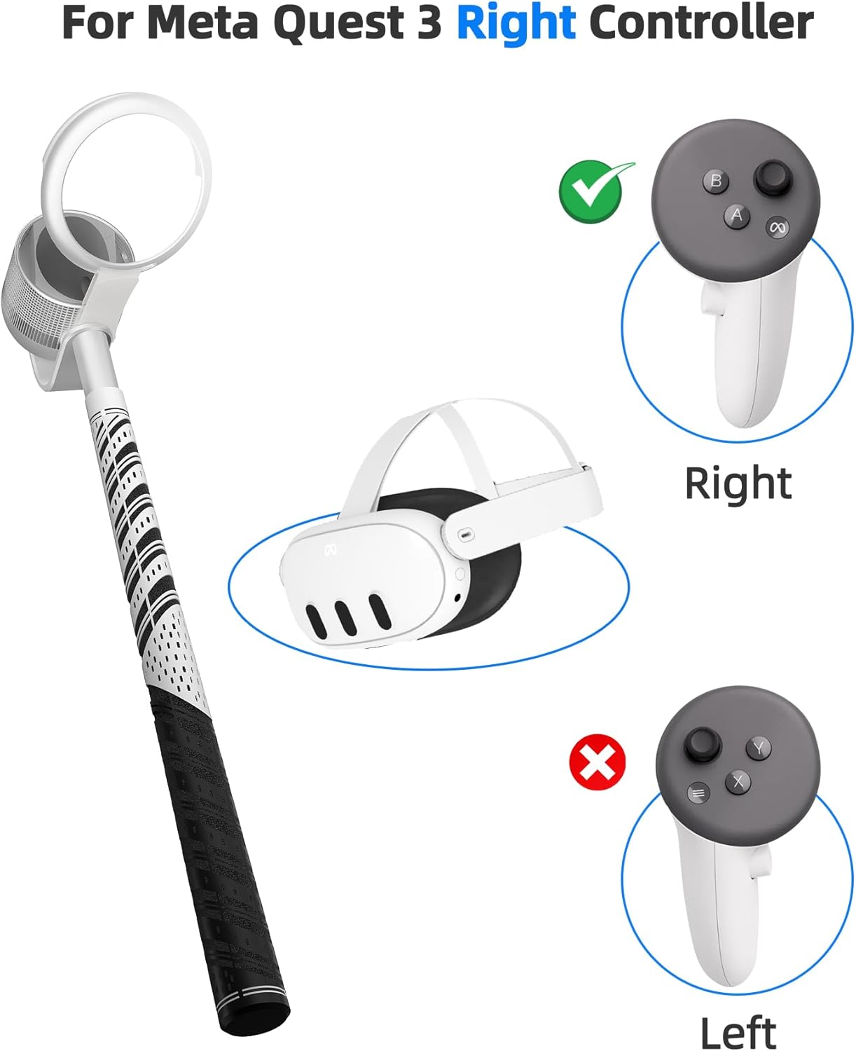 BRICOK VR Golf Club Compatible with Meta Quest 3/Meta Quest 3S, 90 Degree Unblock Signal Aluminum Attachment with 1:1 Molded Controller Cup, Right