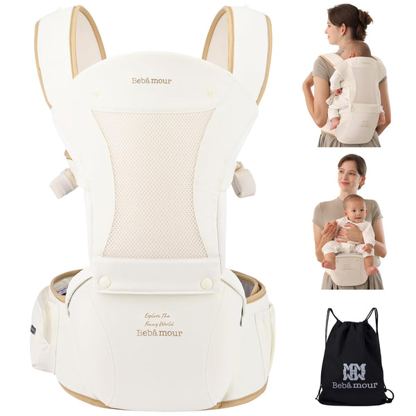 Bebamour Baby Carrier Newborn to Toddler Baby Carrier Hipseat 0-36Months with Head Hood, 3 PCS Teething Pads, Waist Extender, Grey