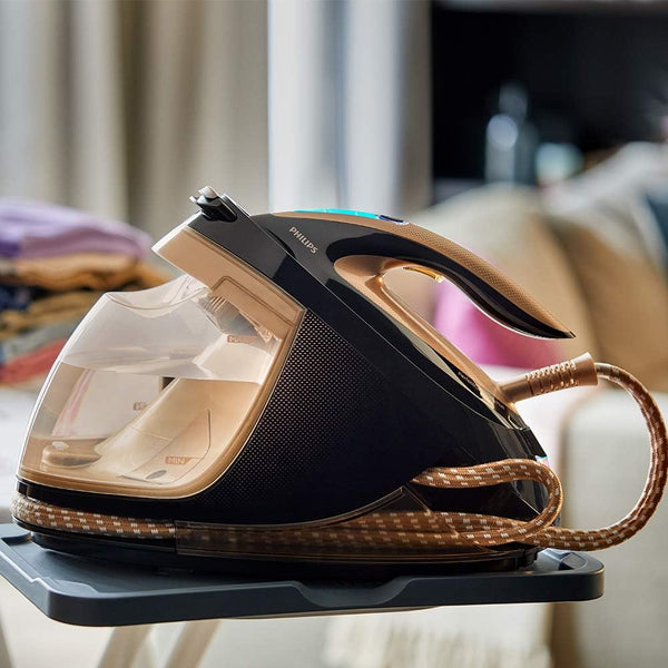 Philips PerfectCare Elite Plus Steam Generator Iron for Large Family Basket Loads, with OptimalTEMP: No Fabric Burns Guaranteed, 8 Bar, 600 g Steam Boost - Black/Gold - (GC9682/86)