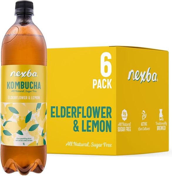 Elderflower & Lemon Kombucha 1 L (Pack of 6) – All Natural, Sugar Free & Healthy Floral & Citrusy Tonic