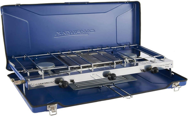 Campingaz Chef Folding Double Burner Stove and Grill, compact gas cooker for camping or festivals, Blue