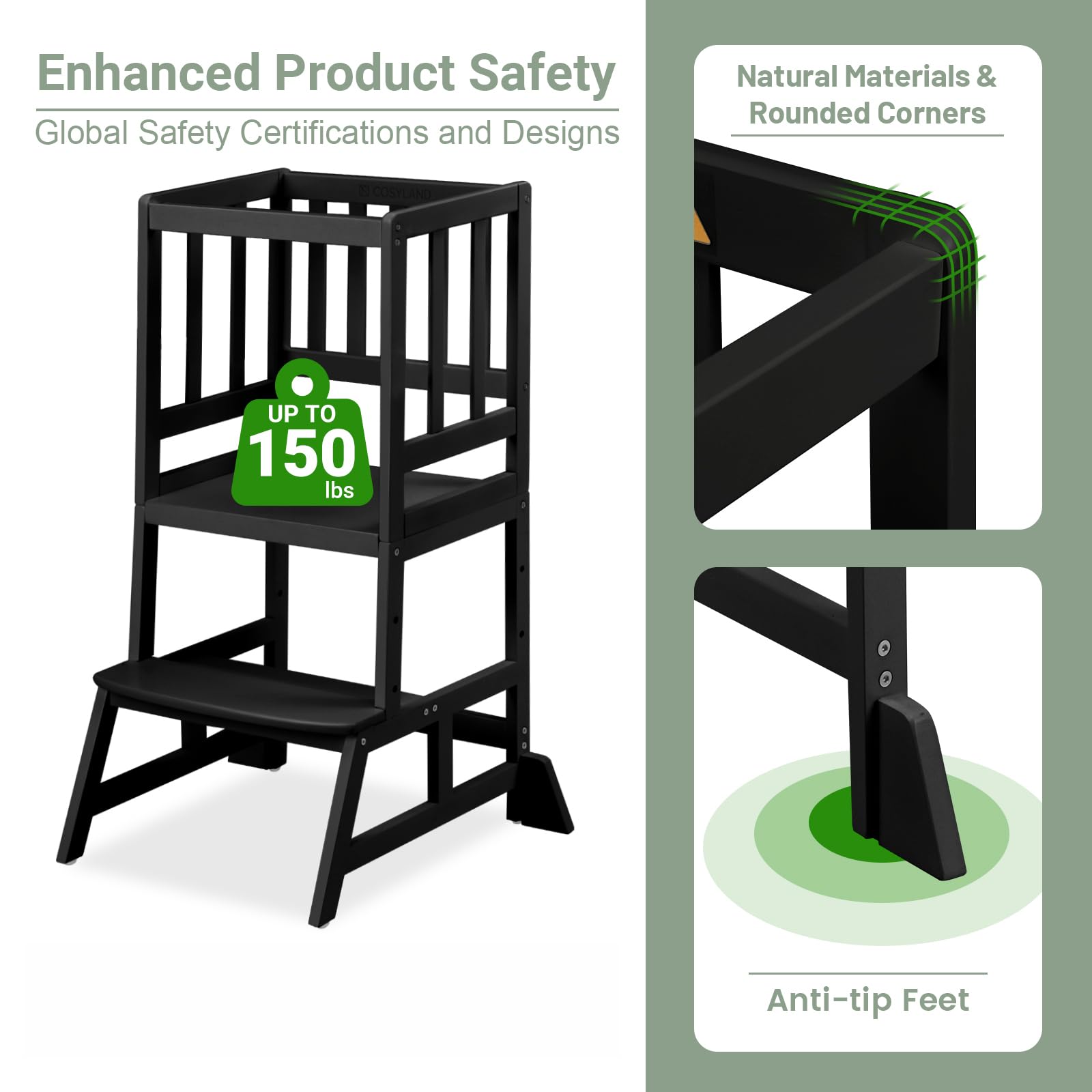 COSYLAND Height Adjustable Kids Kitchen Step Stool with Anti-tip Support Corners - Kids Standing Tower for Kitchen Counter, Bathroom, Nursery (Black)