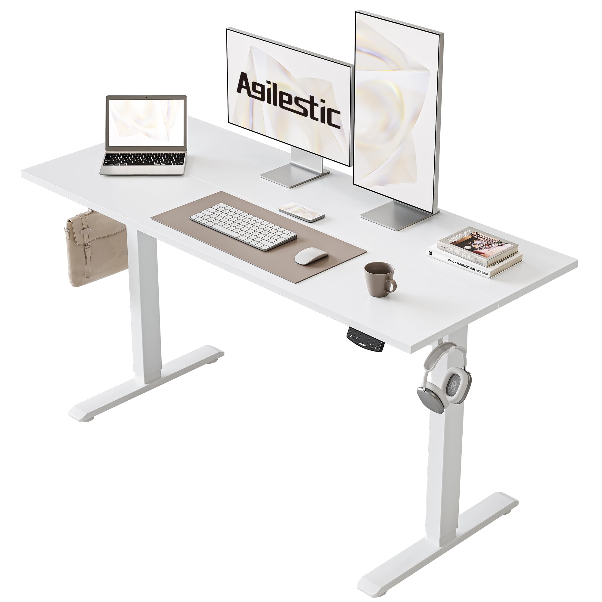 Agilestic L-Shaped Electric Standing Desk, 140cm Height Adjustable Sit-Stand Desk for Home Office, Ergonomic Computer Desk with Spliced Board, White