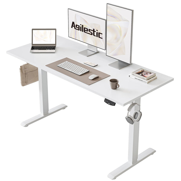Agilestic L-Shaped Electric Standing Desk, 140cm Height Adjustable Sit-Stand Desk for Home Office, Ergonomic Computer Desk with Spliced Board, White