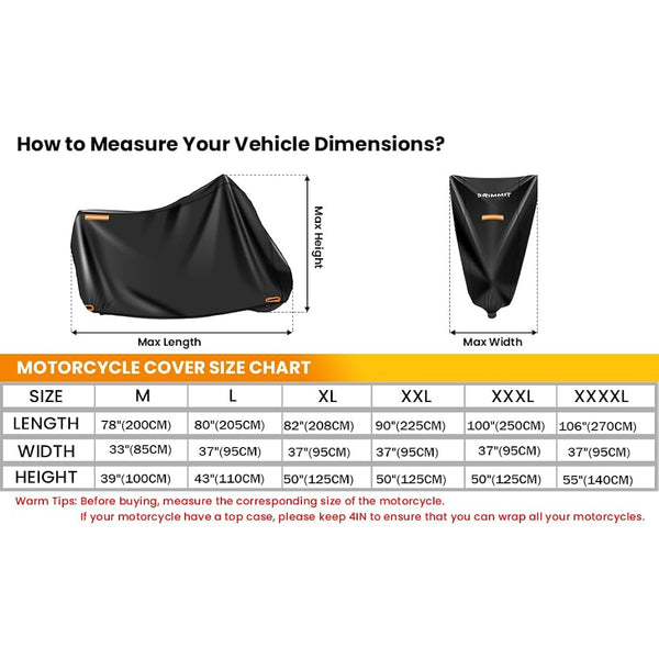 Motorcycle Cover Heavy Duty, 420D Universal Motorbike Covers, Sun,Waterproof Outdoor Protection,with License Plate Window, 4 Reflective Strips, Lock-Holes Storage Bag(L 86" x 37" x 43")