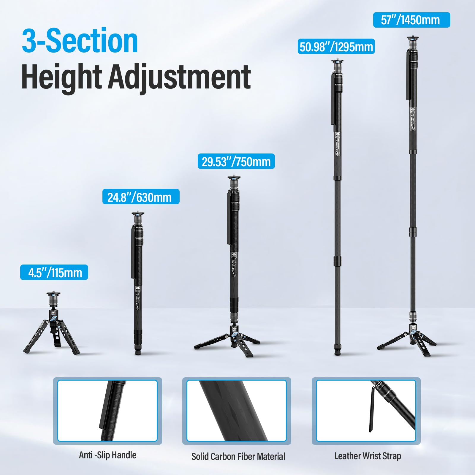 SIRUI SVM-145 Camera Monopod with Feet for Photography, 145cm Carbon Fibre Camera Monopod with Removable Tripod Stand Base, for DSLR, Camcorder, Max Load 10kg