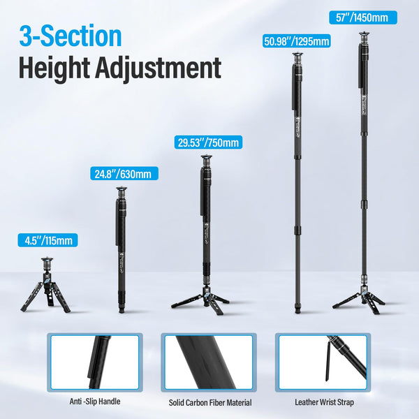 SIRUI SVM-145 Camera Monopod with Feet for Photography, 145cm Carbon Fibre Camera Monopod with Removable Tripod Stand Base, for DSLR, Camcorder, Max Load 10kg