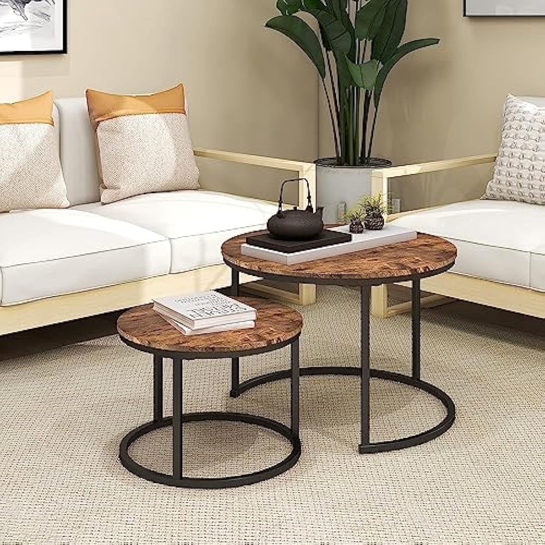 DUMEE Round Coffee Table, Set of 2 Side Table Nesting Table with Steel Frame and Wooden Top, for Living Room, Bedroom, Balcony, (Rustic Brown/Black, Dia 60/40cm)