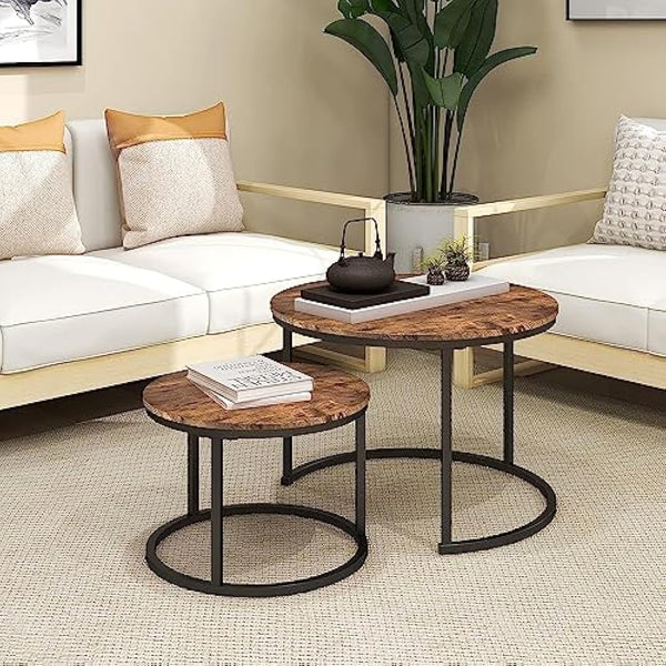 DUMEE Round Coffee Table, Set of 2 Side Table Nesting Table with Steel Frame and Wooden Top, for Living Room, Bedroom, Balcony, (Rustic Brown/Black, Dia 60/40cm)