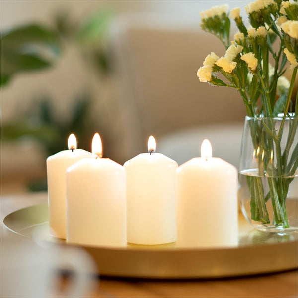 Hofer Ivory Pillar Candles - Set of 40 Decorative Small Candles - 4 x 7 cm - 11 Hours Long Burning - Unscented - Dripless - Smokeless - RAL Quality