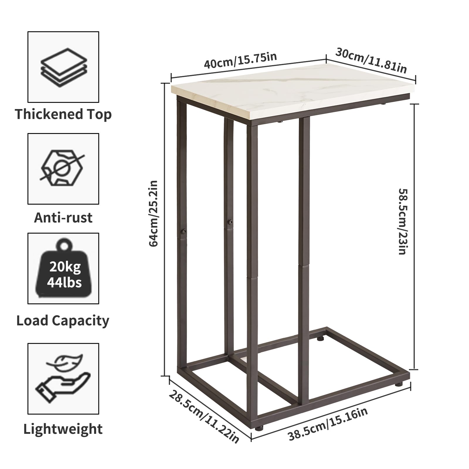 Aibiju Set of 2 C Shaped End Table for Sofa, Bedside Table, Couch Table with Metal Frame for living Room, Bedroom, Balcony, White Faux Marble and