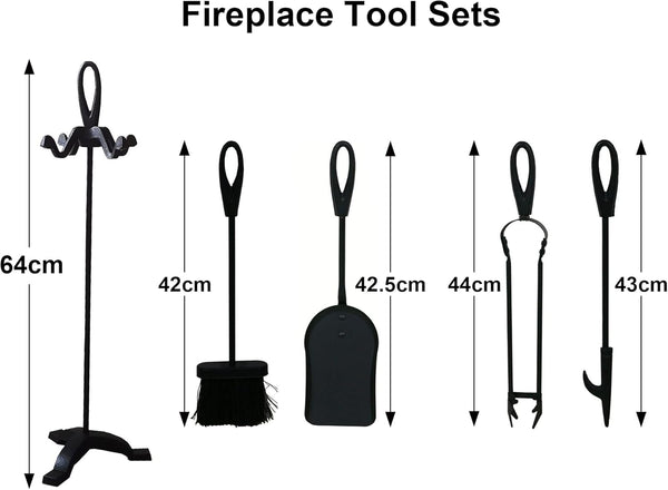 Neo Black Fireplace Fireside Set Fire Tool Accessories Storage Rack with 5 Piece Set Including Stand