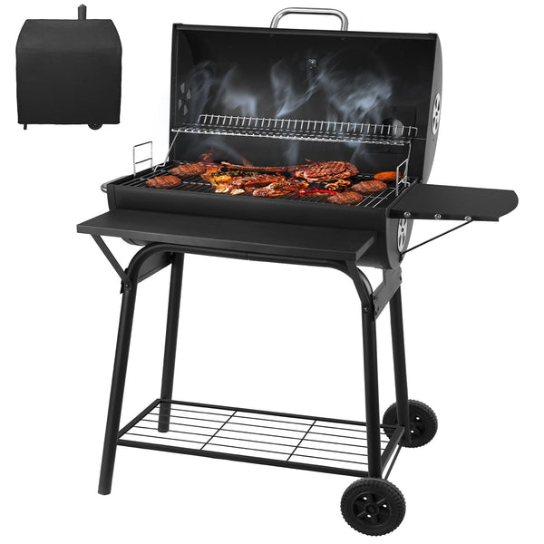Charcoal BBQ Grill Smoker with Side Shelves, Portable Barrel Barbecue Grill Outdoor with Temperature Gauge, Warming Rack, Stainless Steel Racks, and Air Vents for Camping and Garden