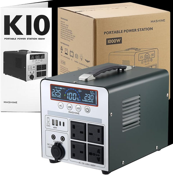 Power Station 1000W/666Wh, Mashine Portable Rechargeable Generator Inverter for Camping, RVs, Drones, Outdoor Lighting, with 4 AC Outlets and 4 USB Ports