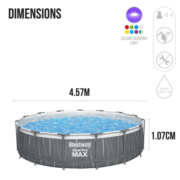 Bestway Steel Pro | Max Round Frame Swimming Pool with Filter Pump, Above Ground Frame Pools, Grey, 15ft