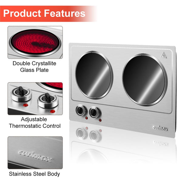 Double Electric Hob, CUSIMAX Hot Plate for Cooking, 2400W Electric Ceramic Hot Plate, Double Infrared Cooktop with Dual Temperature Control, Portable