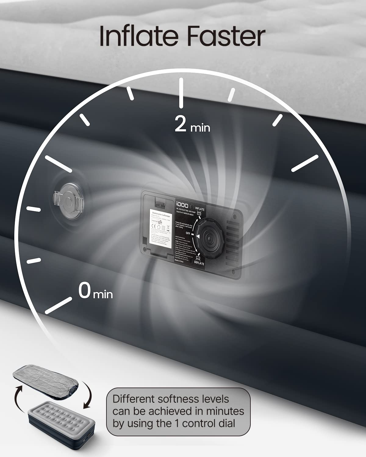 iDOO Single Air Bed, Inflatable Mattress with Built-in Electric Pump, 3 Mins Quick Self-Inflation/Deflation Guest Air Mattress, Blow Up Camping Bed