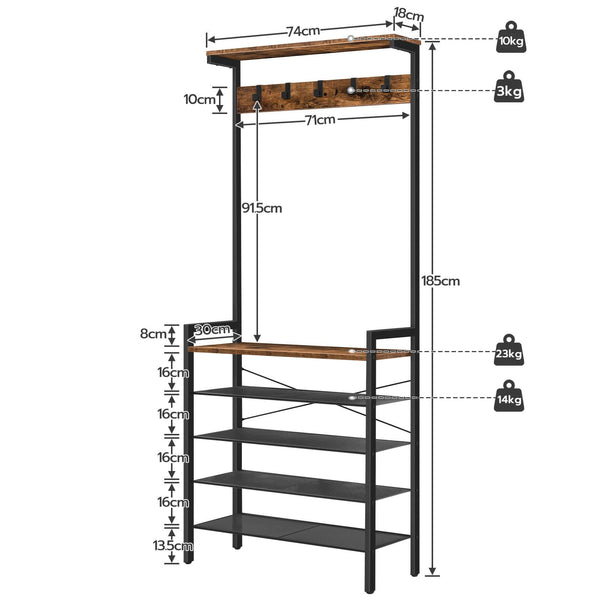 HOOBRO Coat Stand, Coat Rack with Shoe Storage, Industrial Hall Tree, Large Hall Stand, 5 Removable Hooks, Wood Accent Top Shelf, Entryway Storage