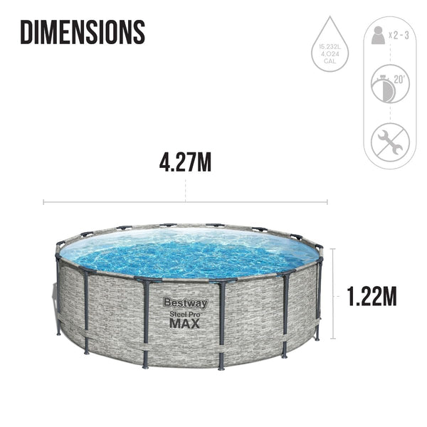 Bestway Steel Pro Max | Round Frame Swimming Pool with Filter Pump, Above Ground Frame Pools, Grey, 18ft