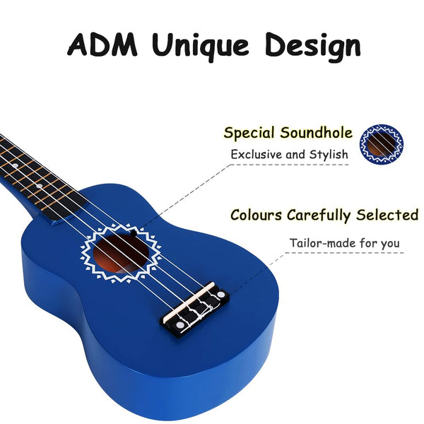 ADM Soprano Ukulele Set for Kids and Beginners, Ukulele Starter Kit with Bag, Clip-On Tuner, Rainbow Strings, Colourful Strap, Plectrum, Fingerboard Sticker, Chord Card (Dark Blue)