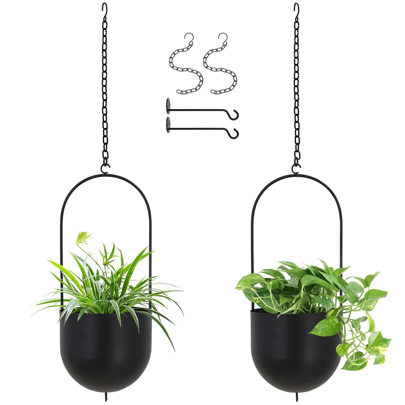 ibigbean Set of 2 Metal Hanging Planters Flower Pots Matte Black Big Size Pots Mid Century Modern for Home Dector Indoor & Outdoor