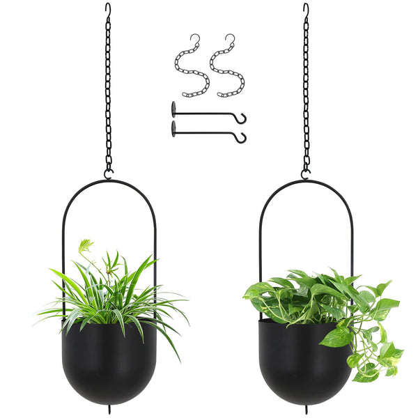 ibigbean Set of 2 Metal Hanging Planters Flower Pots Matte Black Big Size Pots Mid Century Modern for Home Dector Indoor & Outdoor