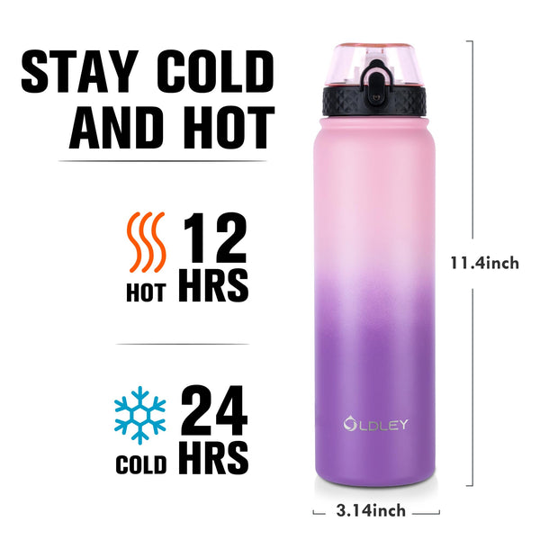 OLDLEY Stainless Steel Water Bottle with Straw 1L Vaccum Insulated Large Drink Flask Metal Water Bottles 1 Litre Leakproof Keep Drinks Hot Cold for Sports Gym with Different Lids(Purple Green, 3 Lids)