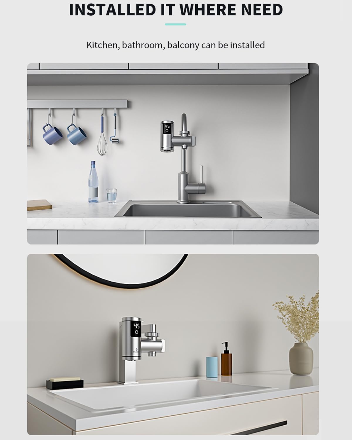 Electric Hot Water Tap for Bathroom, Instant Hot Water Heated Tap for Kitchen, Stainless Steel Water Heater Tap Supply Hot and Cold Water Faucet with Digital Display (Mechanical Spout)