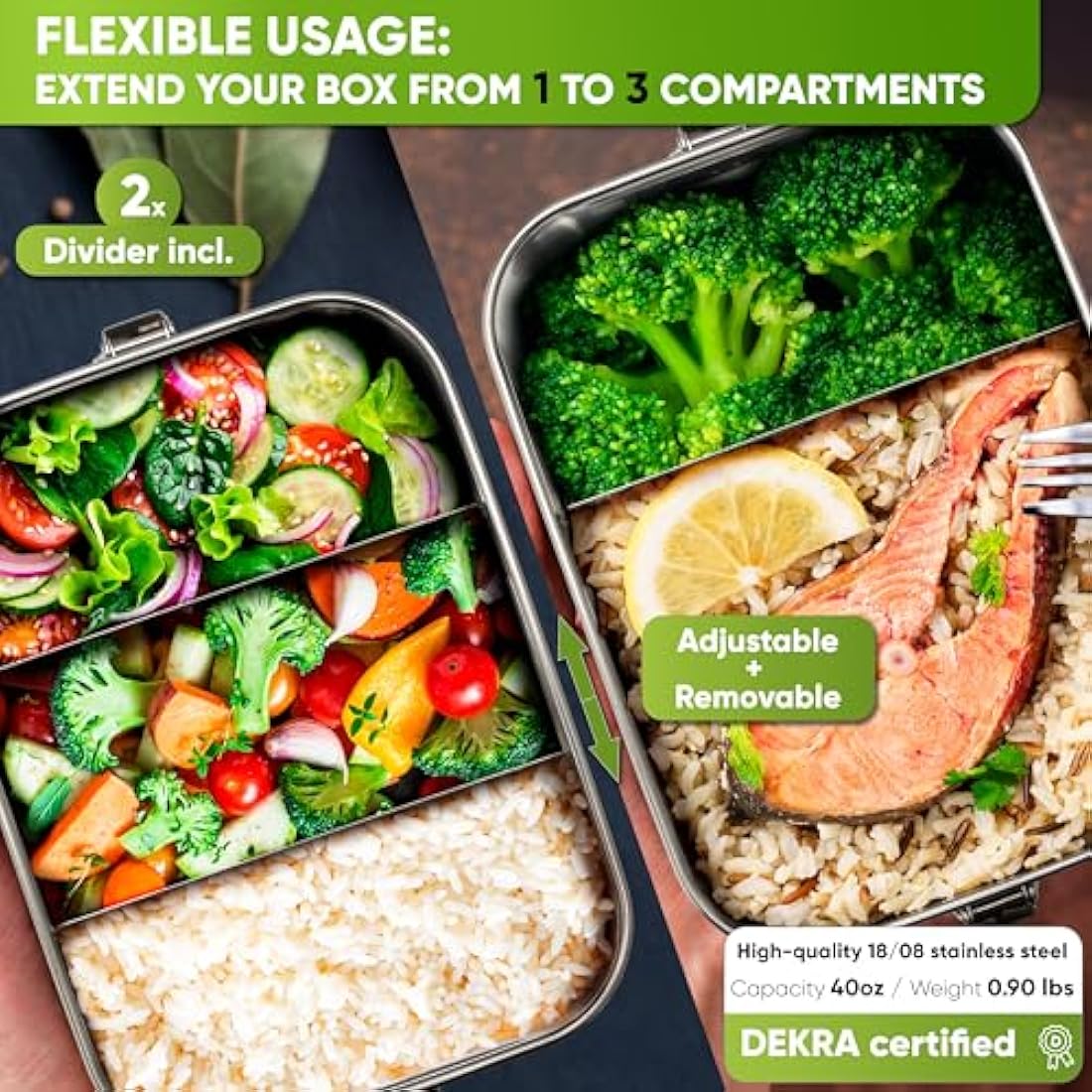 Blockhütte Stainless Steel Lunch Box for Kids and Adults I 1200ml Metal Lunch Box I Metal Bento Boxes with 2 Movable Dividers – Leakproof Lunchbox – Stainless Steel Bento Box with Spare Seal