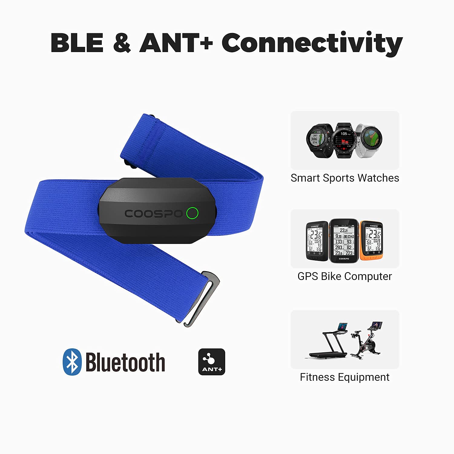 COOSPO Heart Rate Monitor Chest Strap,Bluetooth ANT+ Chest HRM for Running Cycling Gym Fitness, Heart Rate Monitors IP67 Waterproof Compatible with Strava Zwift Wahoo Garmin Polar Peloton App