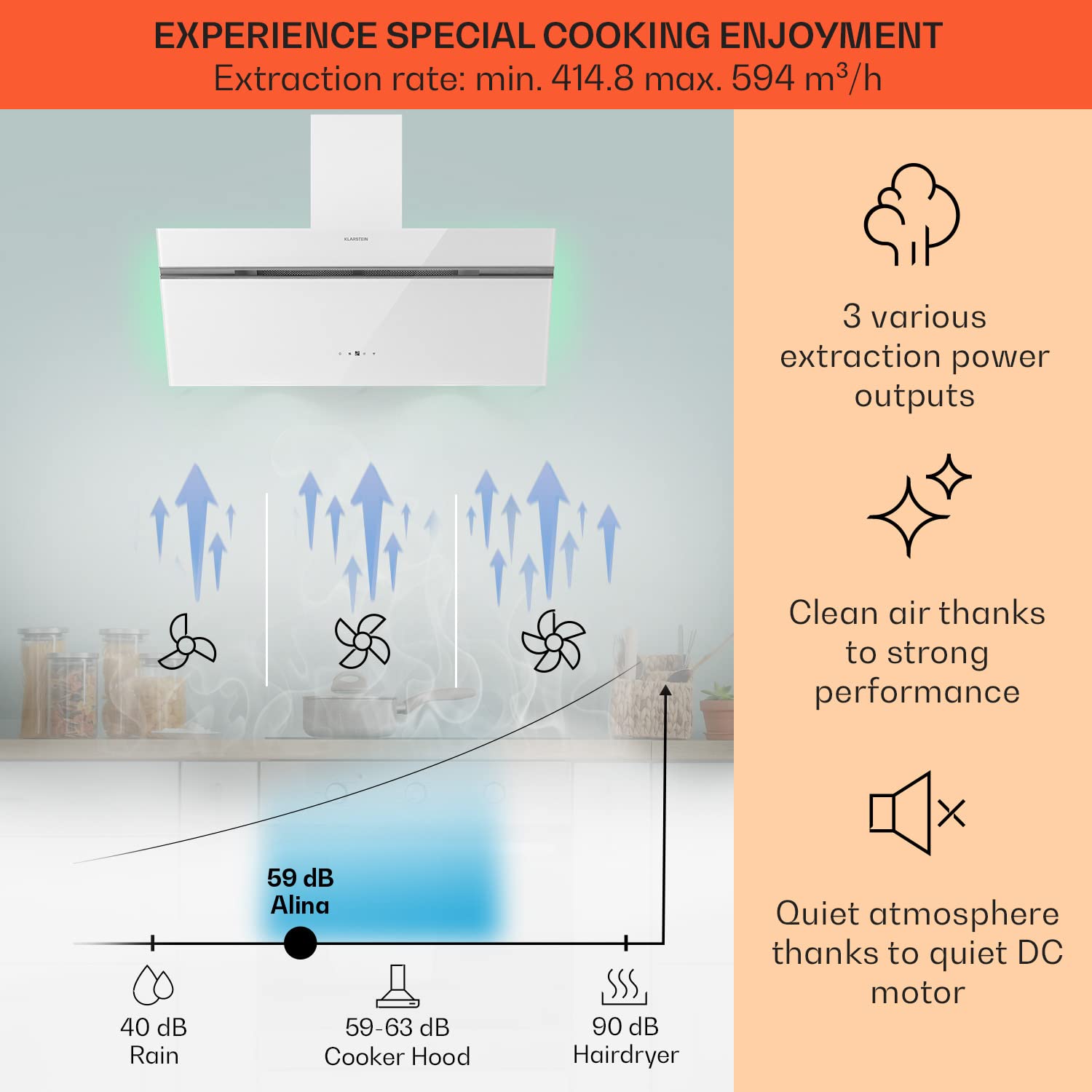 Klarstein Alina 90 Angled Cooker Hood - 600m³/h Air Flow, Touch Panel, LED Backlighting, Quiet 63dB, Energy Class A, 90cm Extractor Hood, Black