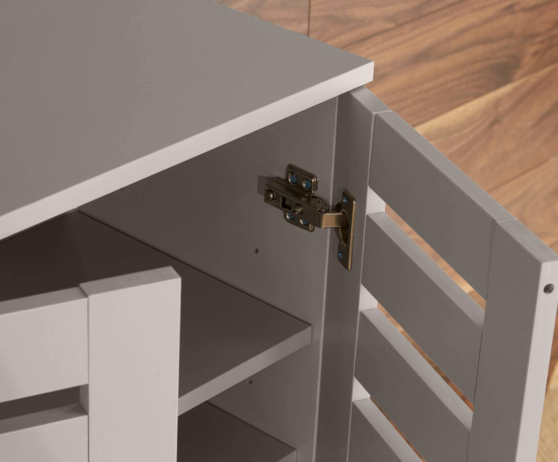 Home Source 2 Door Wooden Shoe Storage Cabinet Rack Stand Slatted Cupboard, Grey