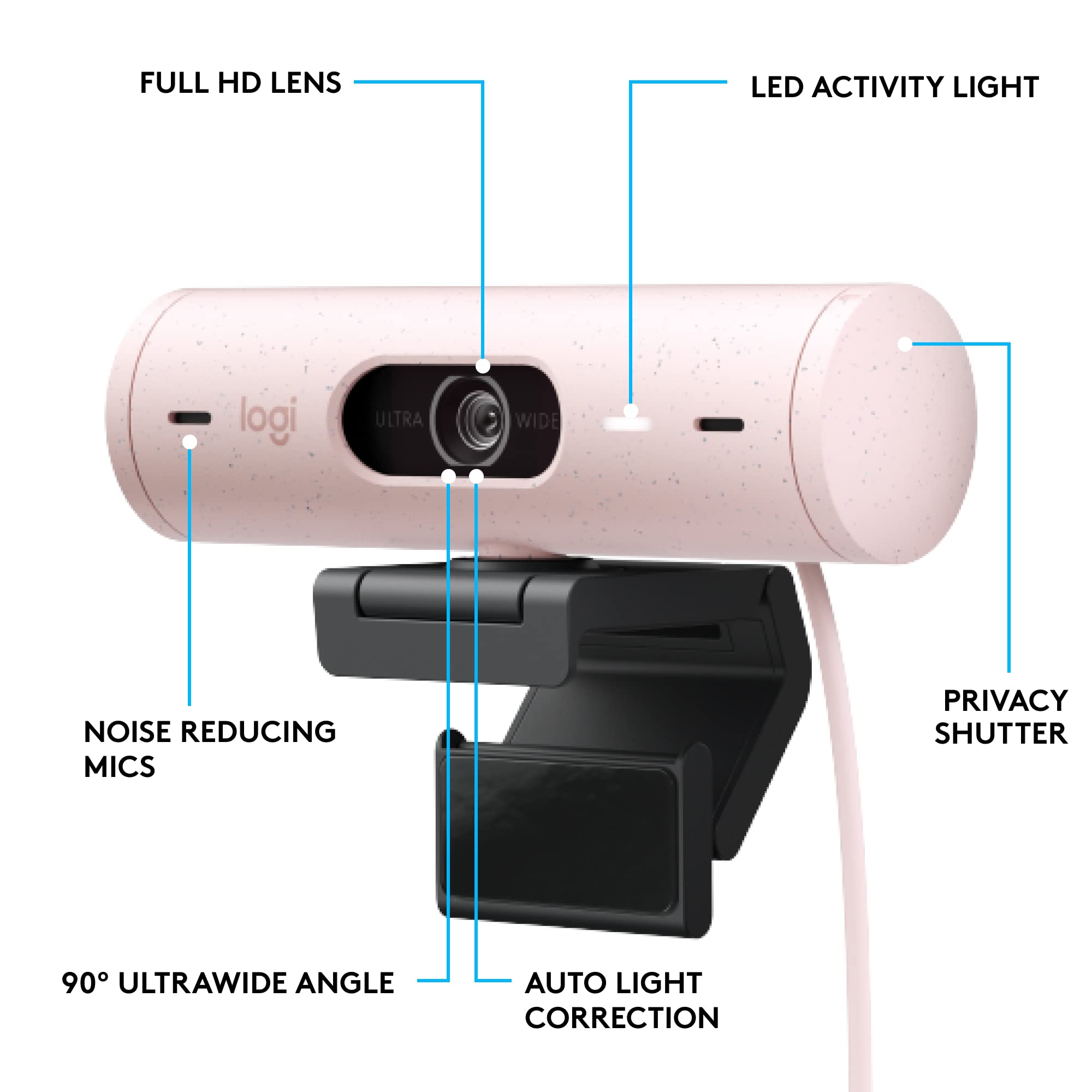 Logitech Brio 500 Full HD Webcam with Auto Light Correction, show Mode, Dual Noise Reduction Mics, Webcam Privacy Cover, Works with Microsoft Teams, Google Meet, Zoom, USB-C Cable, Streaming - White