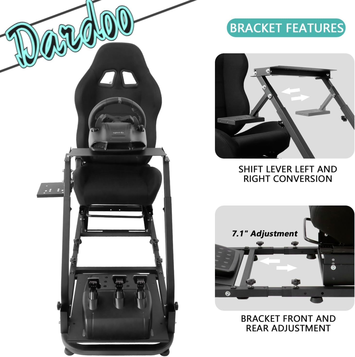Dardoo Racing Simulator Cockpit with Black Seat Foldable Fit for Logitech Thrustmaster G27 G29 G920 G923 Steering Simulator Stand Adjustable Gaming Frame(Without wheel pedal handbrake shifter)