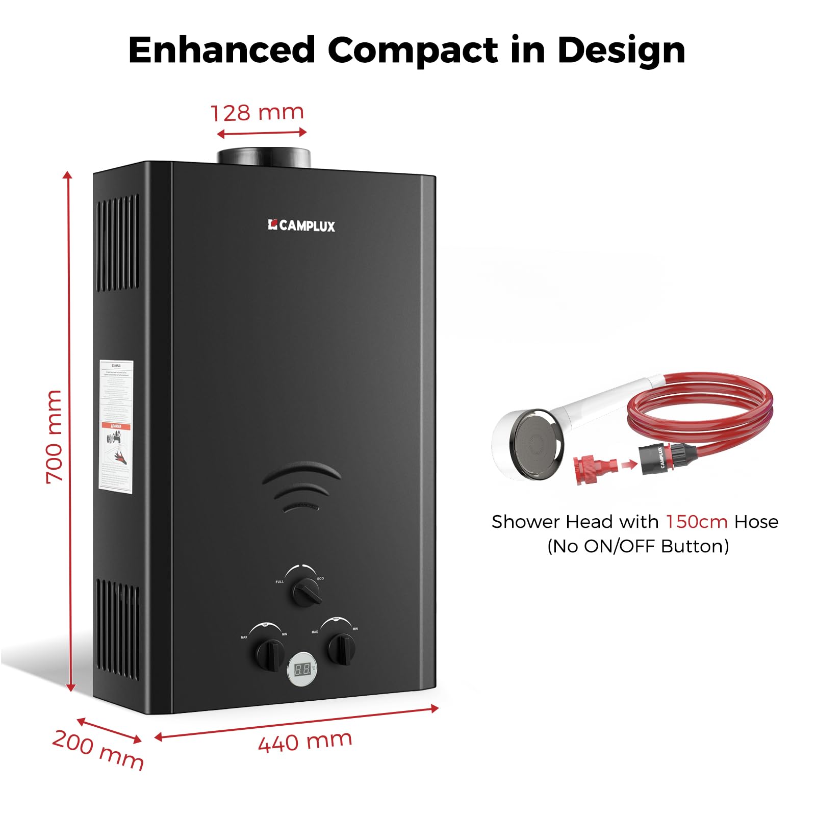 CAMPLUX Gas Water Heater 20 litres, Instant LPG Water Heater for Garden Shower, RV, Tiny House, ECO/Full Mode, BW Series BW528B