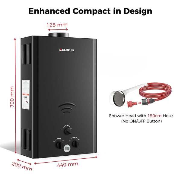 CAMPLUX Gas Water Heater 20 litres, Instant LPG Water Heater for Garden Shower, RV, Tiny House, ECO/Full Mode, BW Series BW528B