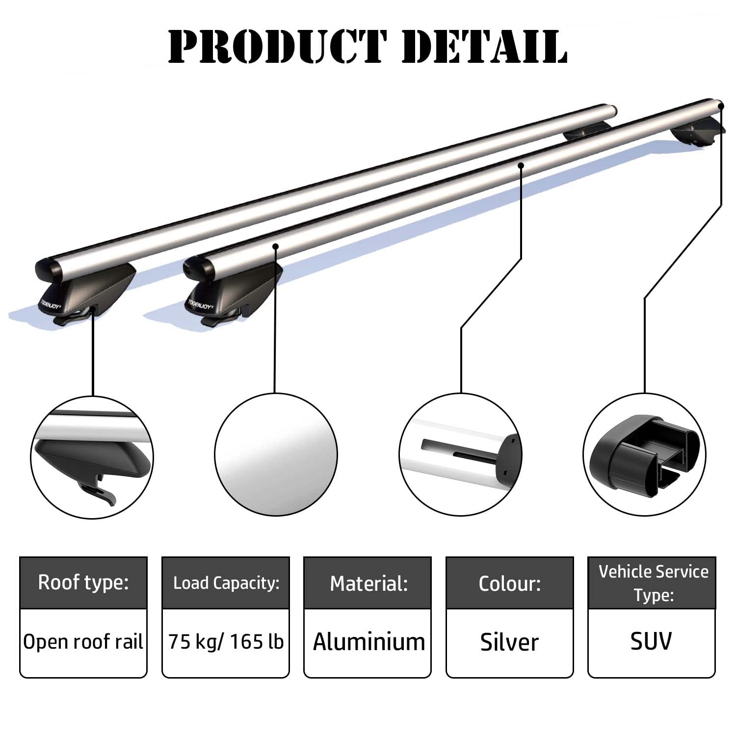 COWVIE 135cm Roof Rack Cross Bars, Adjustable Aluminum Roof Bars, Fits Most Existing Raised Side Rails with Gap - White