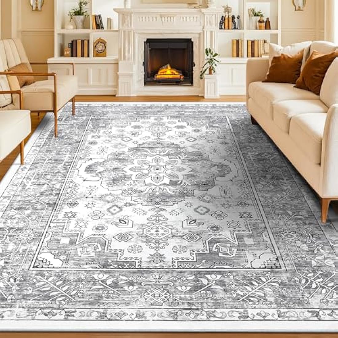 Enyhom Vintage Living Room Rug, 180 x 270cm Large Shaggy Soft Bedroom Area Carpet Rug Non Slip Short Pile Floor Mat Washable Distressed Kitchen Area Rug for Dining Room, Vintage Grey