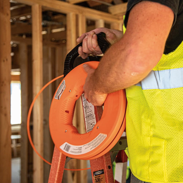 KLEIN TOOLS 56382 Fish Tape, Multi-Groove Fiberglass Wire Puller with Nylon Tip, Optimized Housing and Handle,Orange/Black, 15 m