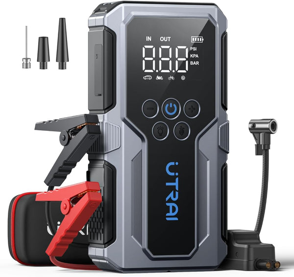 4500A Car Battery Booster Jump Starters with 150PSI Air Compressor/18W Fast Charging/LED Flashlight,UTRAI Jump Starter Power Pack,Portable Powerbank Charger,and Jump Leads for 8.5L Gas/6.5L Diese